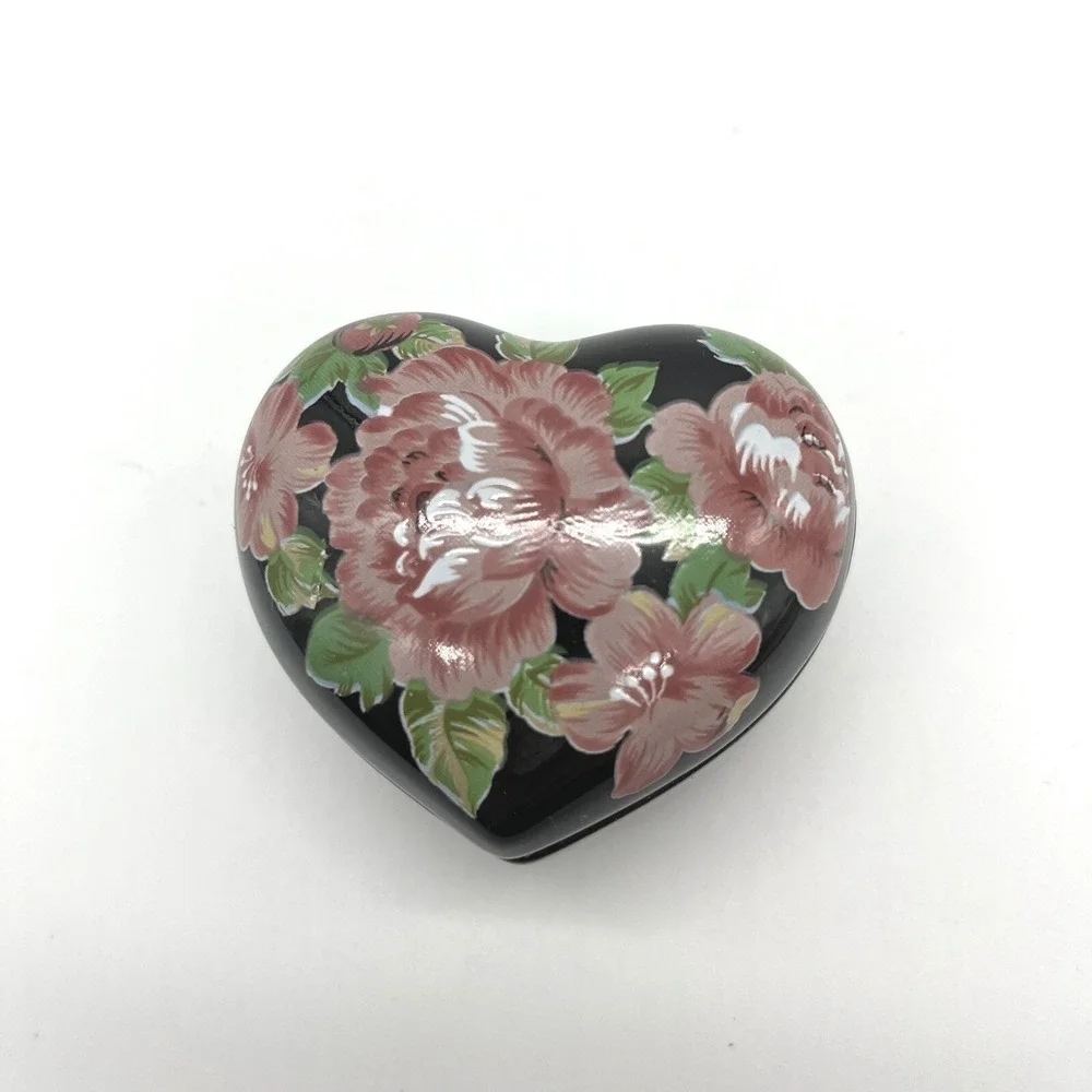 Otagiri Tavistock Floral Garden Heart Trinket Box Black Pink Roses Hinged Lid‎
